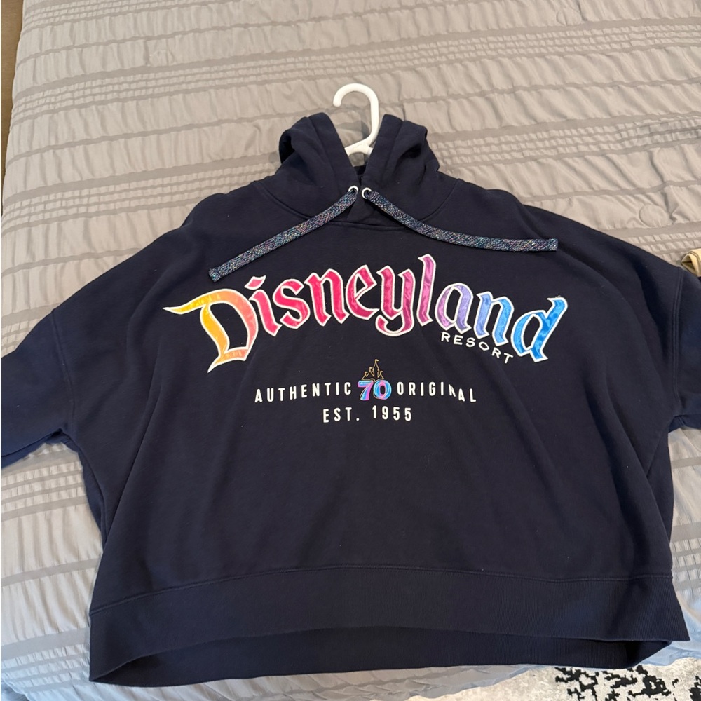 Official Disney Parks 70th Anniversary Navy Croppd Hoodie with Colorful Logo, XL
